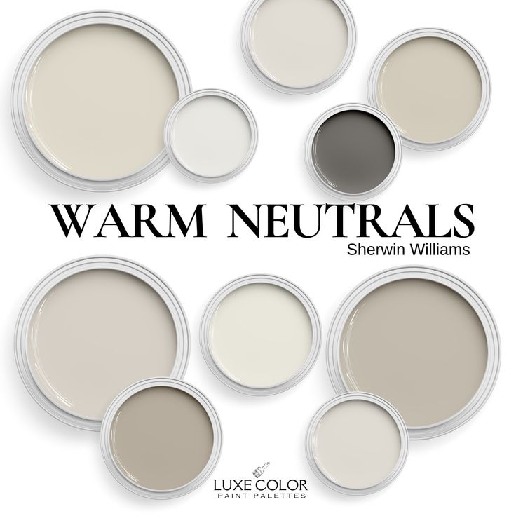 six different shades of neutral paint with the words warm neutrals above them in black and white