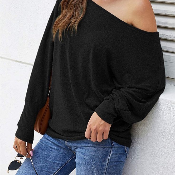 Brand New Women's Off The Shoulder Top Long/Short Sleeve Casual Oversized Shirts Loose Tunic Tops Black Top For Day Out, Versatile Oversized Black Tops, Black Oversized Top For Day Out, Oversized Black Top For Day Out, Versatile Black Batwing Sleeve Tops, Casual Batwing Sleeve Tops For Day Out, Oversized Black Top, Black Batwing Sleeve Tops For Spring, Trendy Black Top With Batwing Sleeves