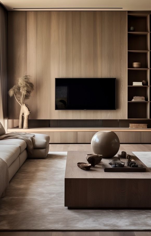 a living room with a couch, coffee table and television on the wall in front of it