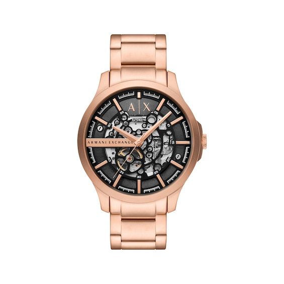 Choose a daring and distinguished timepiece with this men's watch from Armani Exchange. 46mm rose gold-tone stainless steel case Black CD finish dial with skeletal automatic movement Rose gold-tone stainless steel bracelet; fold-over clasp Rose Gold Watches With Skeleton Dial, Rose Gold Watch Accessory With Skeleton Dial, Rose Gold Automatic Chronograph Watch, Modern Style, Modern Automatic Rose Gold Chronograph Watch, Modern Rose Gold Automatic Chronograph Watch, Automatic Chronograph Watch In Rose Gold With Round Dial, Automatic Chronograph Watch In Rose Gold, Automatic Rose Gold Chronograph Watch With Round Dial, Modern Rose Gold Automatic Watch