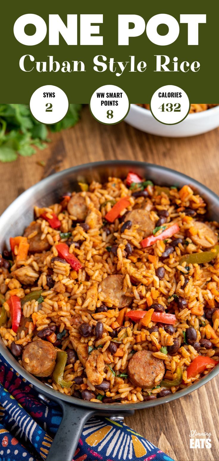 one pot cuban style rice with sausage and peppers in a skillet on a wooden table