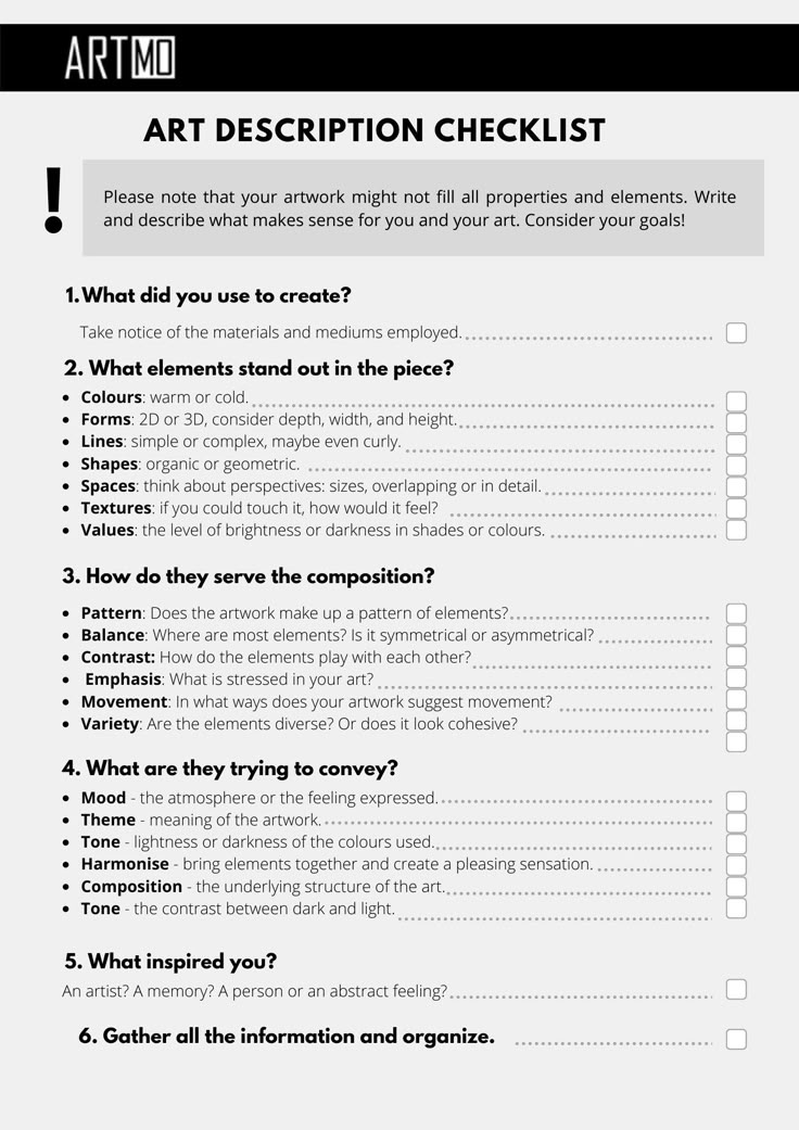 Checklist that works as a tutorial for art description from the ARTMO plataform. How To Get Ideas For Drawing, Drawing Checklist, Painting Checklist, Sourcebook Ideas, Art Syllabus, Art History Timeline, Technology Lesson, Art Analysis, Art Classroom Management