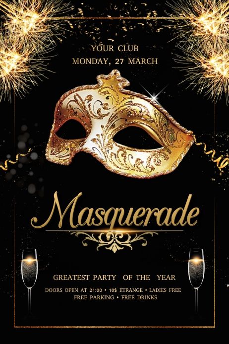 a masquerade party flyer with gold sparklers and a mask on the front