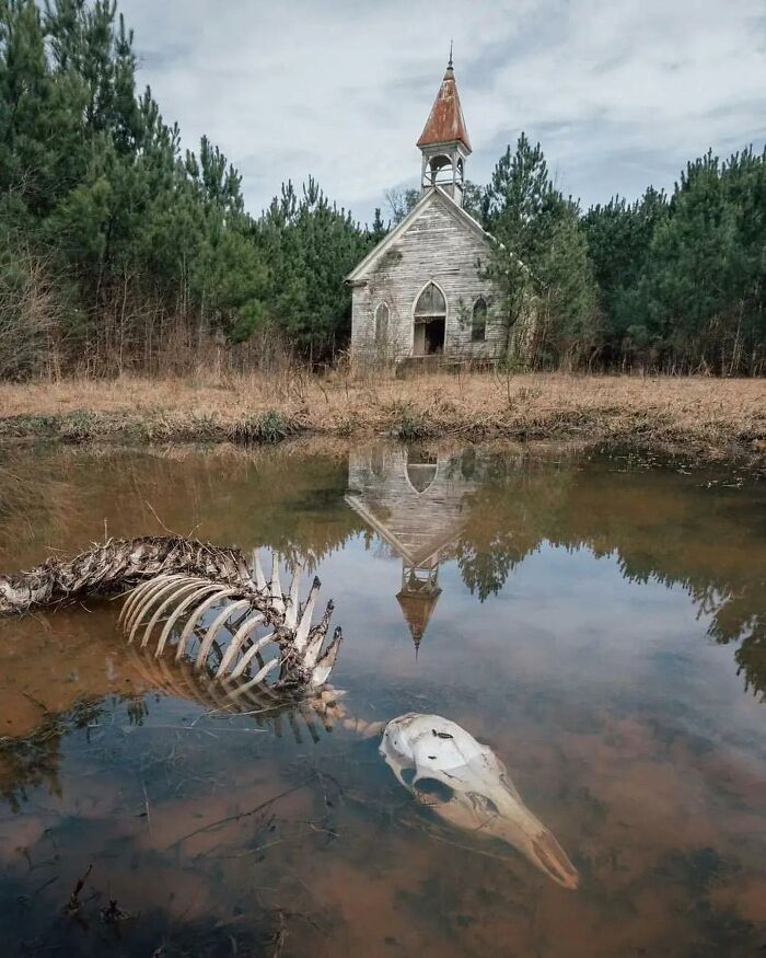 there is a skeleton in the water near a church