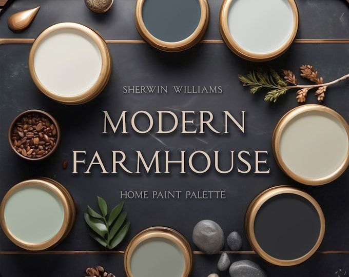 the modern farmhouse house home paint palette is displayed on a black background with gold trim