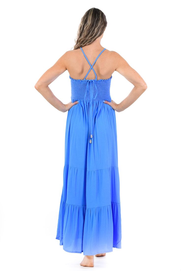 Size: Runs true to size Model is 5'6" wearing a size XS Features: 100% Soft Organic Rayon Adjustable halt ties, can be tied as a halter or worn strapless A-line Silhouette Flowy maxi hemline Stretchy smocked bodice View care instructions by clicking here.