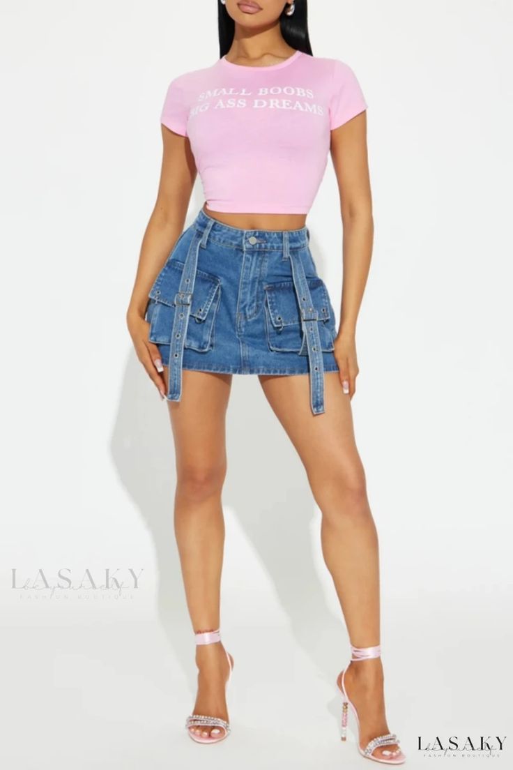 Lasaky - Womens High Waist Skinny Denim Skirt with Patchwork Detail and Pockets Fitted Denim Blue Denim Cargo Skirt, Fitted Denim Blue Cargo Skirt, High Waist Fitted Denim Blue Cargo Skirt, Fitted High Waist Denim Blue Cargo Skirt, Spring Fitted Denim Blue Cargo Skirt, Trendy Spring Denim Blue Cargo Skirt, Fitted Denim Blue Cargo Skirt For Spring, Trendy Denim Blue Cargo Skirt For Spring, High-waisted Denim Blue Cargo Skirt For Spring