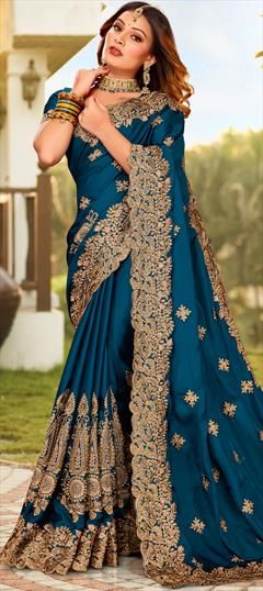 Blue color Saree in Satin Silk, Silk fabric with Embroidered, Thread, Zari work Blue Dola Silk Traditional Wear For Wedding, Semi-stitched Royal Blue Saree With Resham Embroidery, Blue Bollywood Wedding Blouse Piece, Royal Blue Festive Saree For Reception, Festive Royal Blue Saree For Reception, Blue Dola Silk Traditional Wear For Reception, Wedding Blouse Piece In Royal Blue With Zari Work, Royal Blue Saree For Diwali Reception, Royal Blue Wedding Blouse Piece With Zari Work