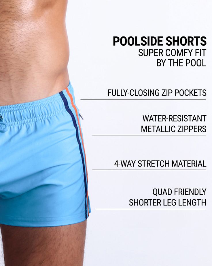 These new kids on the block are the direct cousins of our signature Show Shorts by BANG!® but with some bonus details that make them ideal for poolside leisure. Cut with the same shorter-leg length, so that your quads look their best. But these shorts have fully closeable pockets to keep all your items secure, with metallic zippers in shiny silver. The back pocket is also secured with another metallic zipper. You can think of these as vintage rugby or volleyball shorts but with an upgrade to ste Volleyball Shorts, Gym Tanks, Gym Tank Tops, New Kids On The Block, Tailored Shorts, Coastal Blue, Swim Brief, Men Beach, Kids On The Block