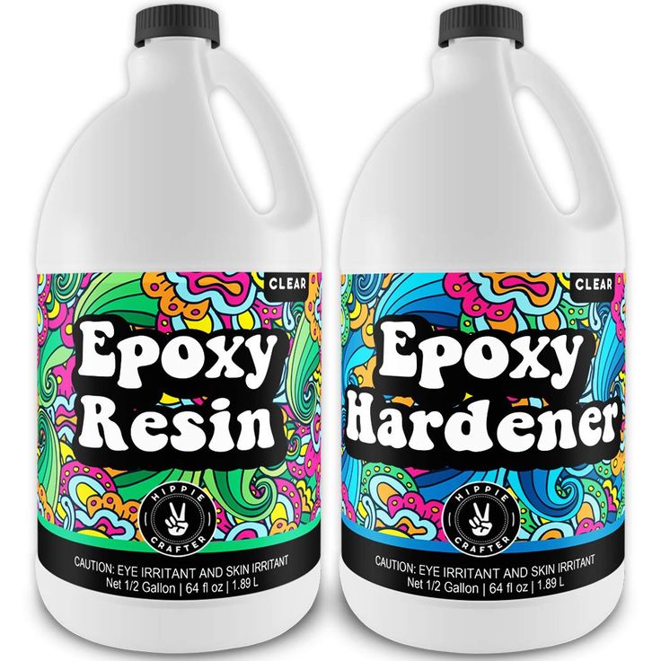 two gallon bottles of epoxy resiner on a white background with colorful swirls