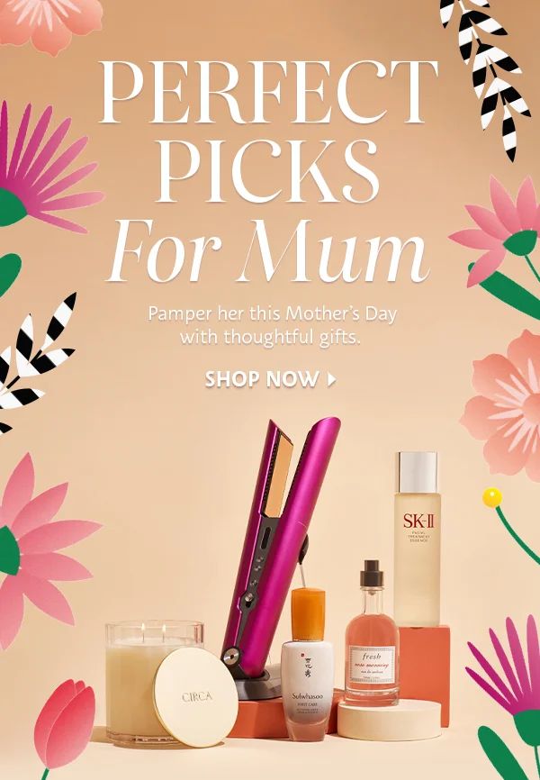 an advertisement for the mother's day with flowers and perfumes on display in front of a pink background