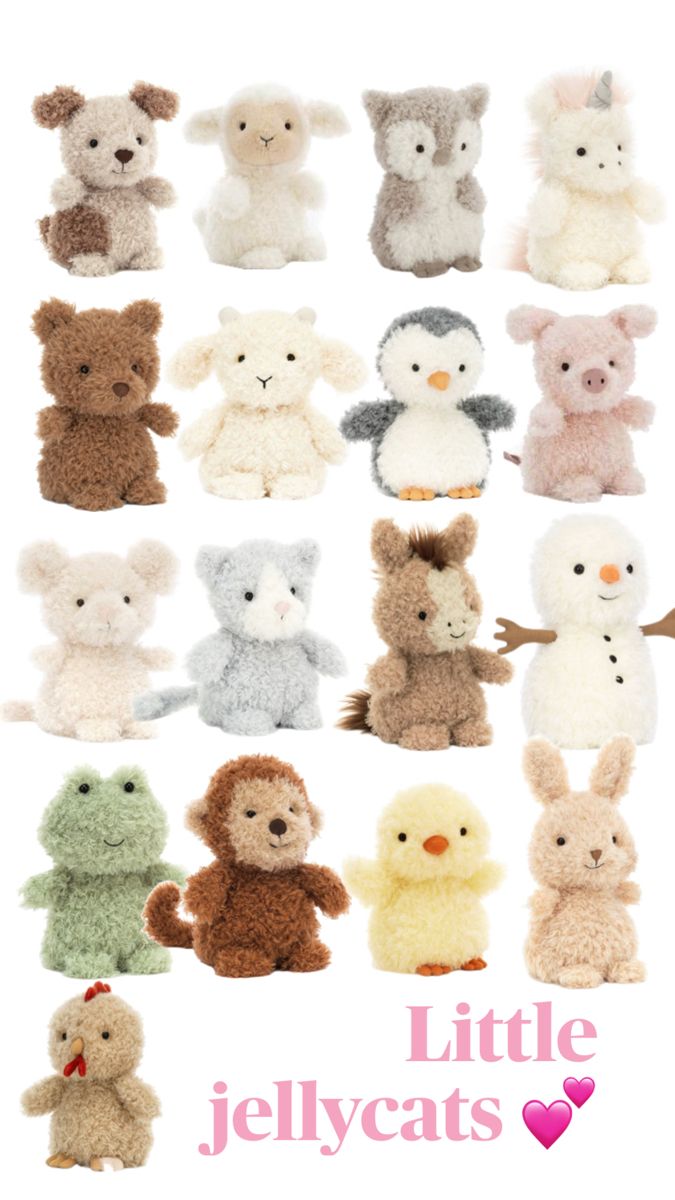 there are many small stuffed animals on this page, and the words little jellycats written below them