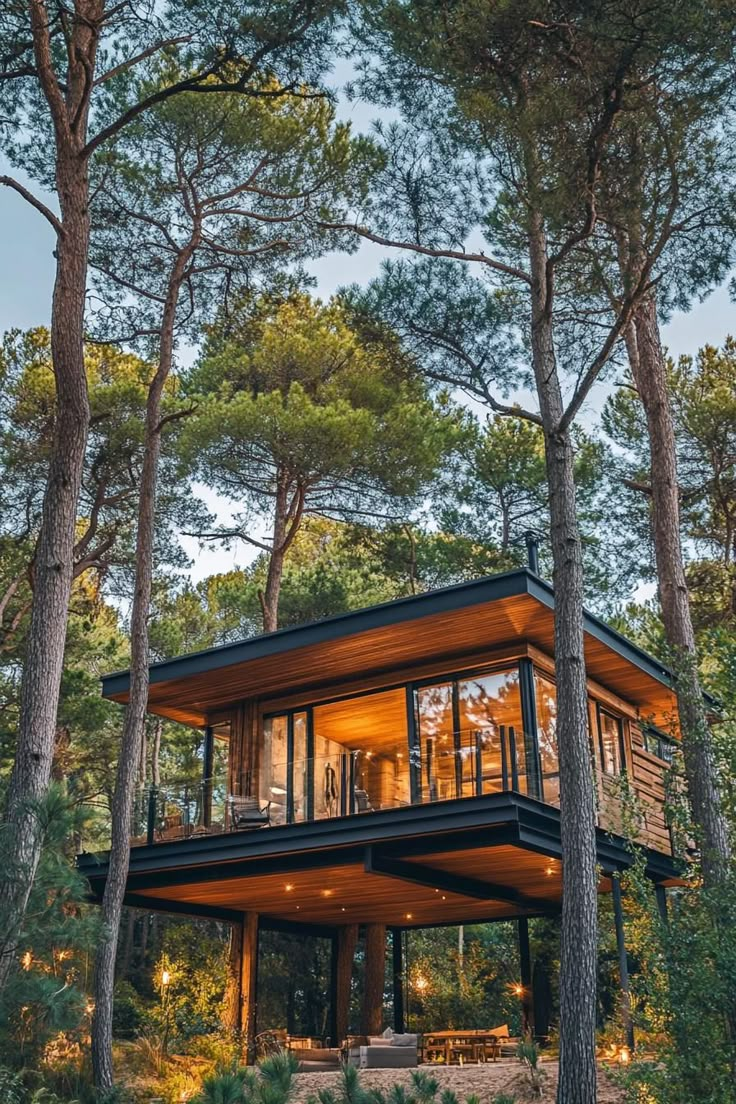 a house in the woods surrounded by trees and lights on it's roof is lit up at night