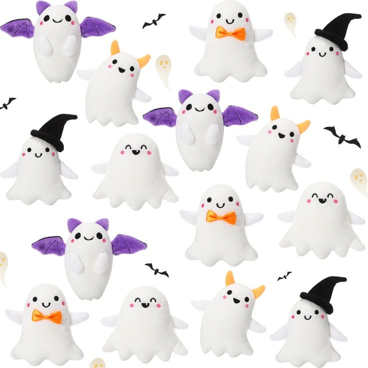 a group of white ghost stuffed animals with black hats and purple bats on their heads