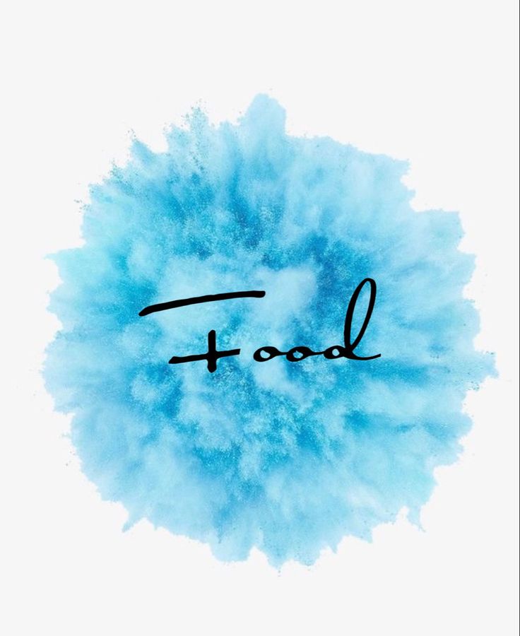 the word food is written in black ink on a blue powdered background with an abstract design