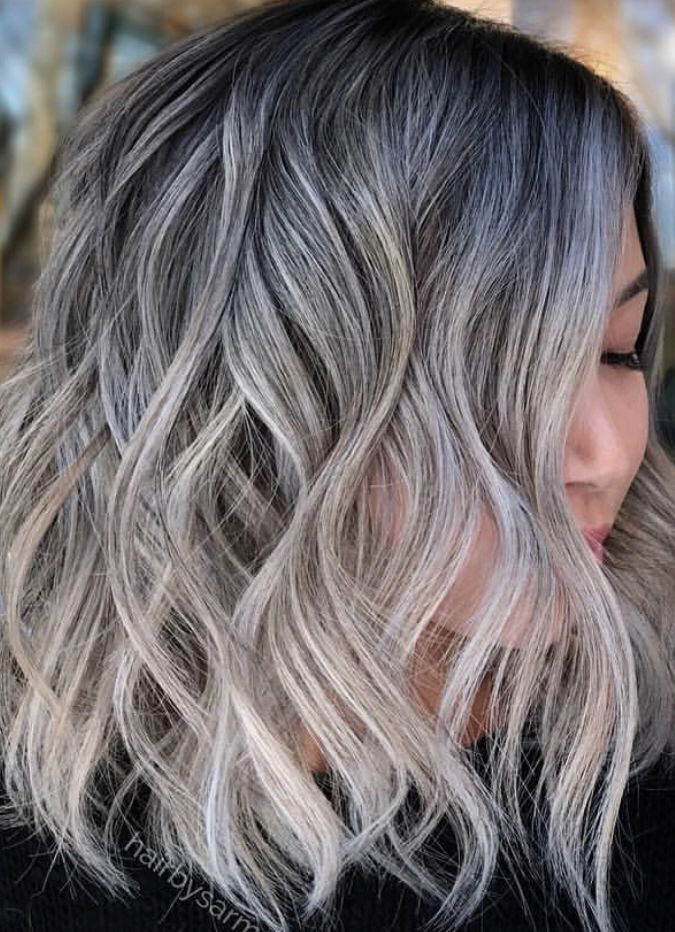 Root Smudge Black To Blonde, Gray Bronde Balayage, Blonde Balayage Easy Grow Out, Gray Bayalage Hair, Icy Blonde Highlights On Dark Hair, Ash Gray Balayage, White Hair Highlights, Grey Balayage, Gray Balayage