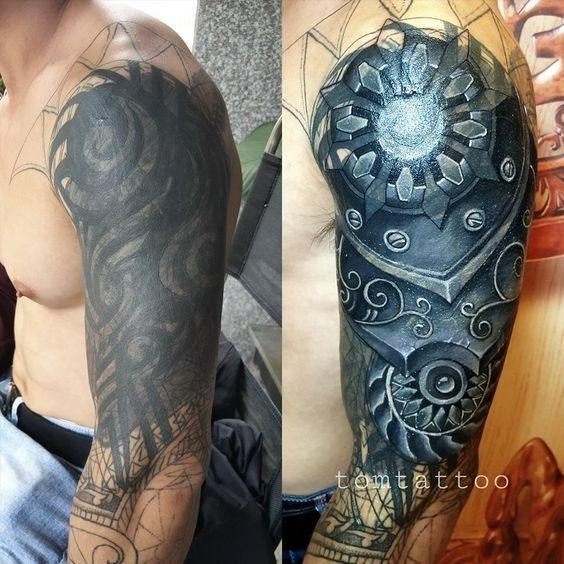 Blackout Cover up Tattoo Ideas Extreme Cover Up Tattoos, Men’s Cover Up Tattoos, Cover Up Tattoos For Men Shoulder, Best Cover Up Tattoos For Men, Blackout Cover Up Tattoo, Tattoo Cover Up Ideas For Men, Coverup Tattoo Design For Man, Cover Up Tattoos For Men Arm, Big Cover Up Tattoos