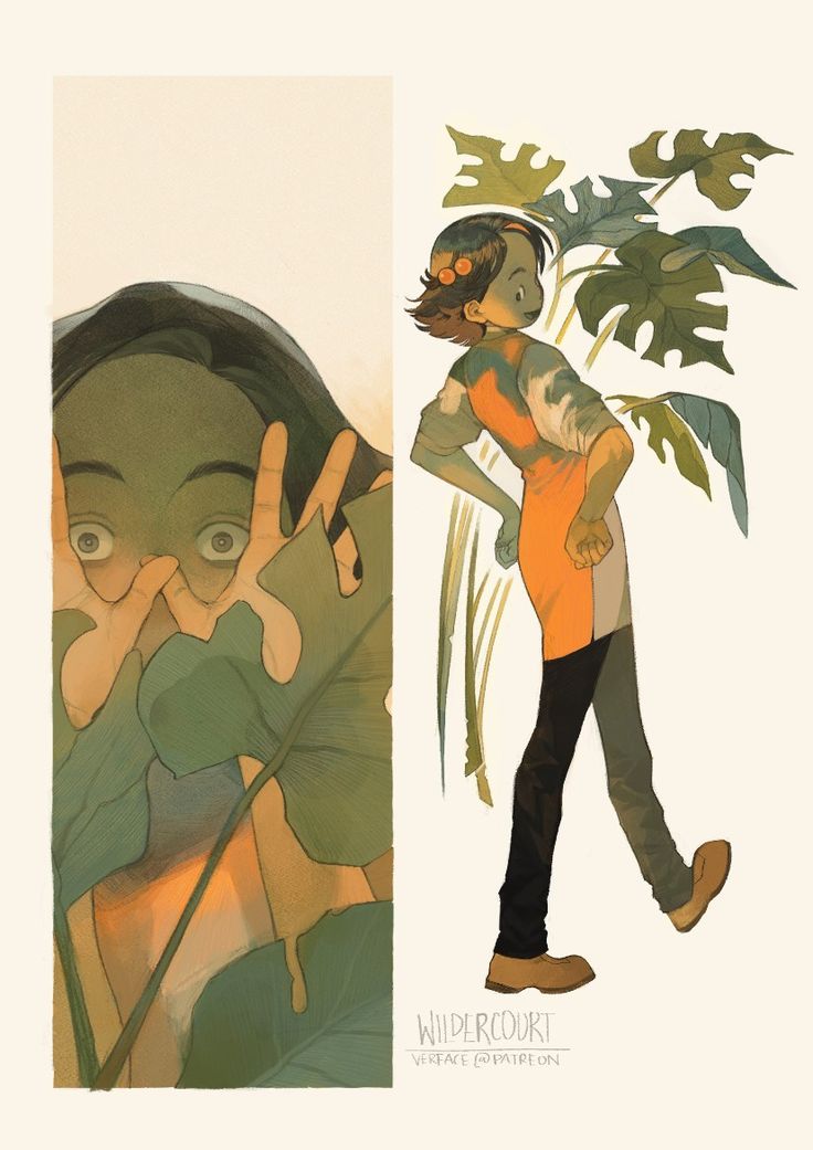 an illustration of a woman walking next to a plant with her hand on her face