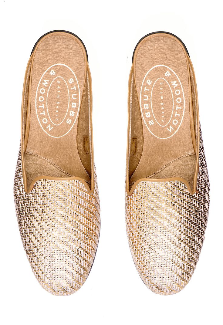 Women’s Basket Platino Mule | Over The Moon Stubbs And Wootton, Classic Slippers, Handmade Slippers, Women's Espadrilles, Shoe Fits, Wooden Heel, Gold Sparkle, Mule Flat, Seasonal Fashion