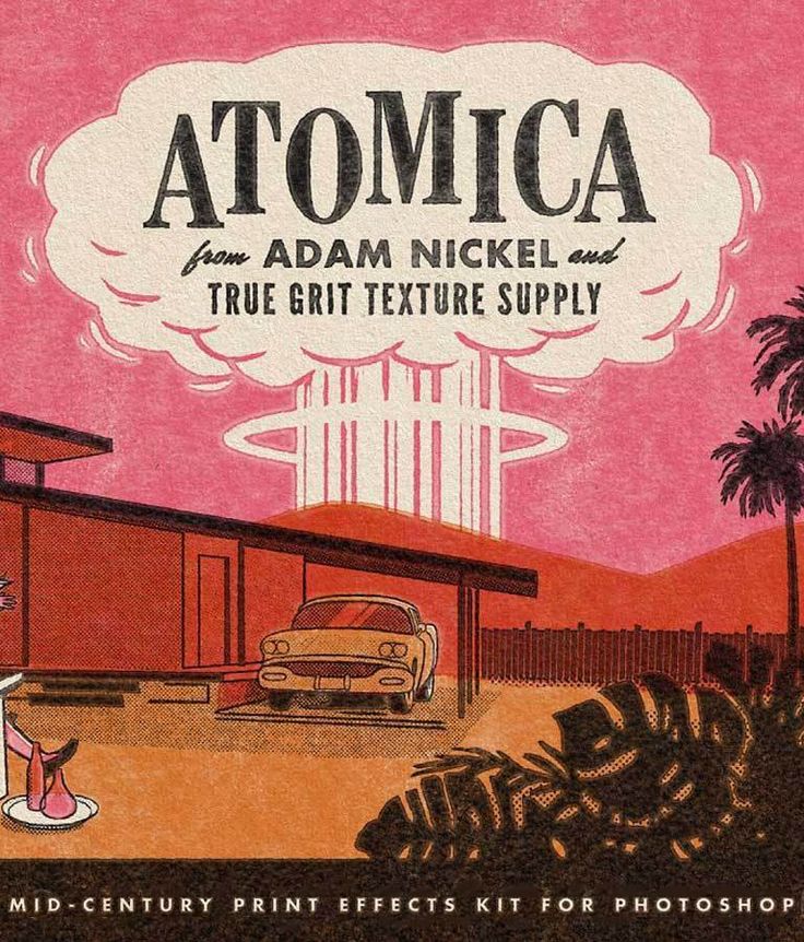 an advertisement for atomic from adam nickel and true grit texture supply, featuring a car parked in front of a house