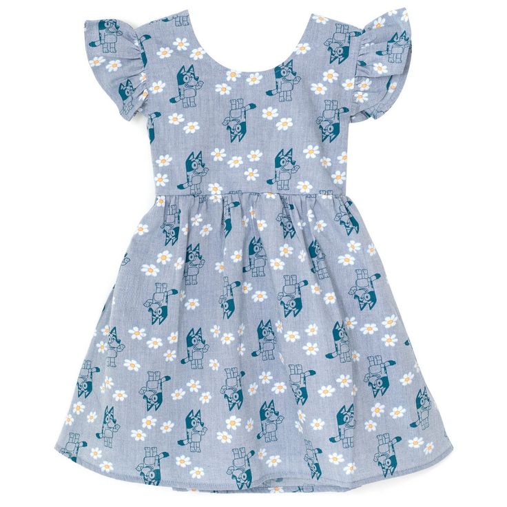 Your little girl is ready to play in this cute Bluey dress! This stylish skater dress features pretty flutter sleeves, a cutout back with a bow design, and an awesome all-over print of Bluey and daisies that your child will be excited to wear. Soft and comfortable, this fashionable Bluey chambray dress is the perfect outfit for a day of fun and adventure! Bluey Dress For Girl, Bluey Dress, Woman Costumes, Stylish Baby Girl Outfits, Bluey Birthday, Birthday Inspiration, Toddler Dresses, Skater Style Dress, Toddler Girl Shorts