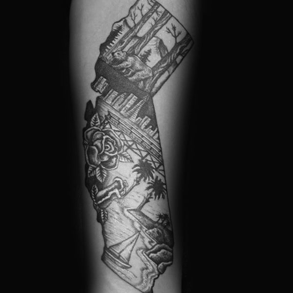 a black and white photo of the state of florida on a man's arm