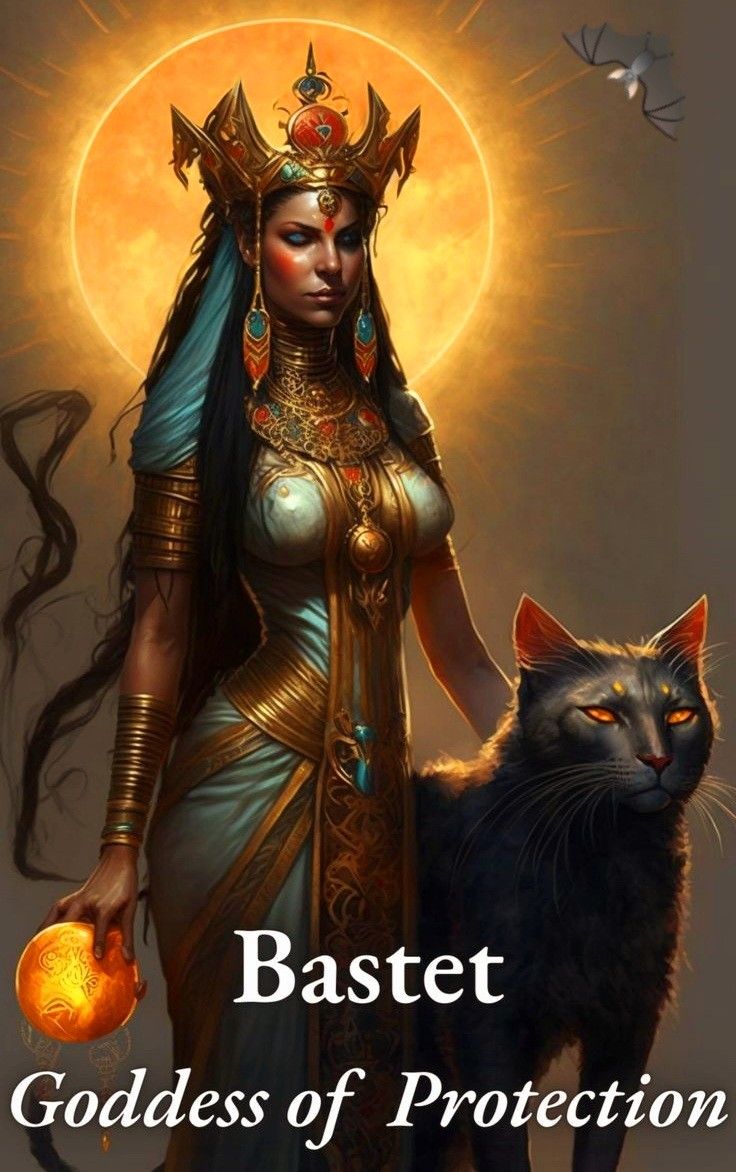 an image of a woman with a cat in her hand and the words bastet goddess of protection