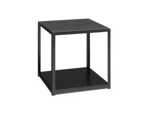 the side table is black with a marble top and metal frame, it has an open shelf for storing items