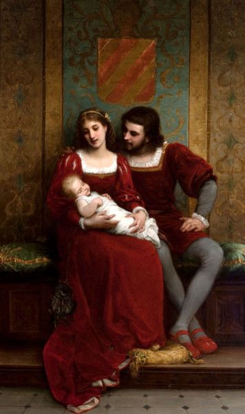 a painting of a man holding a baby while sitting next to a woman in a red dress