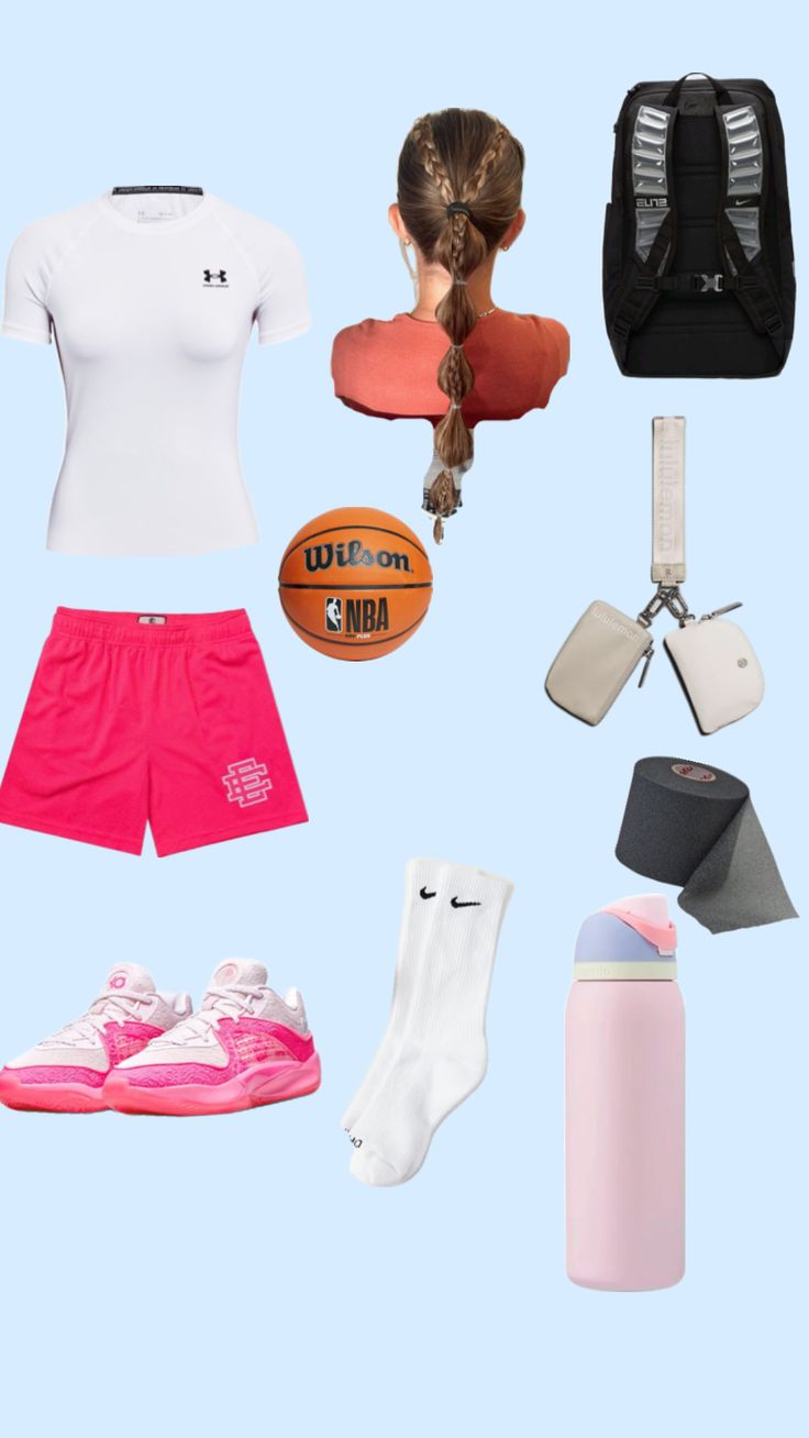 various items are arranged in the shape of a woman's head and torso, including shoes, backpack, water bottle, basketball ball, socks, t - shirt