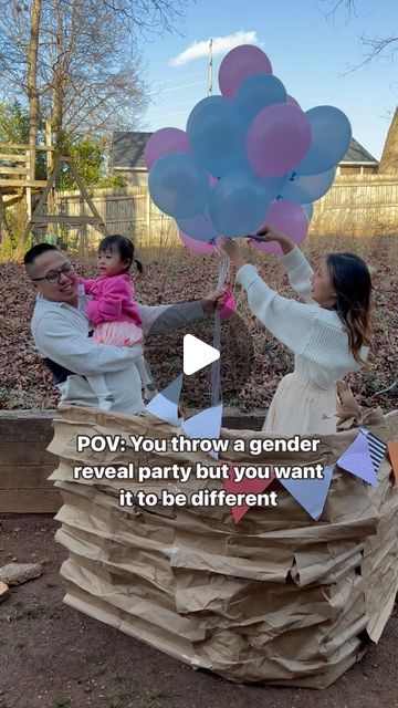 a group of people holding up balloons in front of a woman and child with the caption dov you throw a gender reveal party but you want it to be different