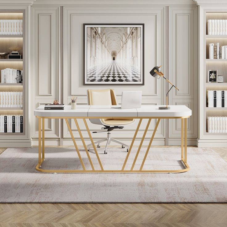 an office with white walls and wooden flooring is pictured in this image, there are bookshelves on either side of the desk