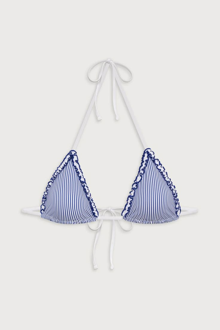 The Nick bikini top features a skimpy triangle shape, our new nautical striped print, and adjustable string ties that wrap around the neck and back to give you a custom fit. Pair this ruffle bikini top with the matching Divine bikini bottom as the perfect tanning set. Color: Ocean Stripe 80% Nylon + 20% Spandex Flat Swim Adjustable Neck and Back Ties This style runs true to size Riley is wearing a size Small Height 5’9” (176m) Bust 34" (86cm), Waist 25" (64cm), Hips 36" (92cm) Perfect White Tee, Cute Bathing Suits, Frankies Bikinis, Dressy Dresses, Cute Swimsuits, Swim Skirt, Cute Bikinis, Triangle Shape, Dream Clothes