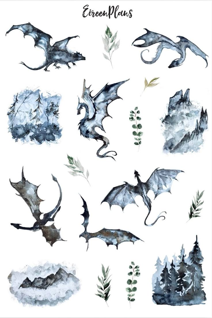 watercolor dragon tattoos on white paper with trees and mountains in the background, including leaves