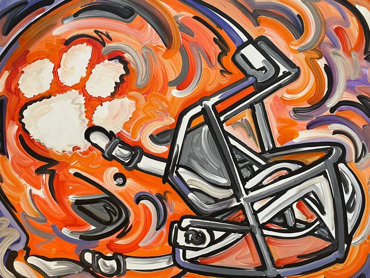 a painting of a football helmet with an orange and blue swirl in the background that says clemson