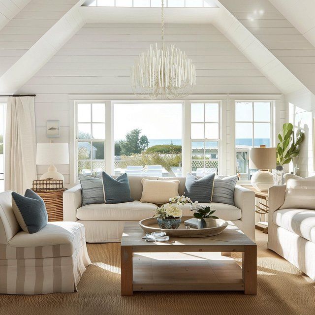 a living room filled with furniture and a chandelier hanging over the top of it