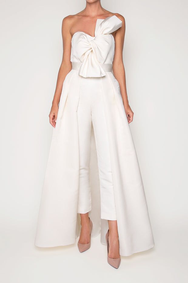 Silk Faille Twisted Bow Jumpsuit with Convertible Skirt �– ALEXIA MARÍA Bow Jumpsuit, Convertible Skirt, Skirt With Bow, High Low Gown, Detachable Skirt, Panel Skirt, Social Dresses, Column Skirt, Style Trousers