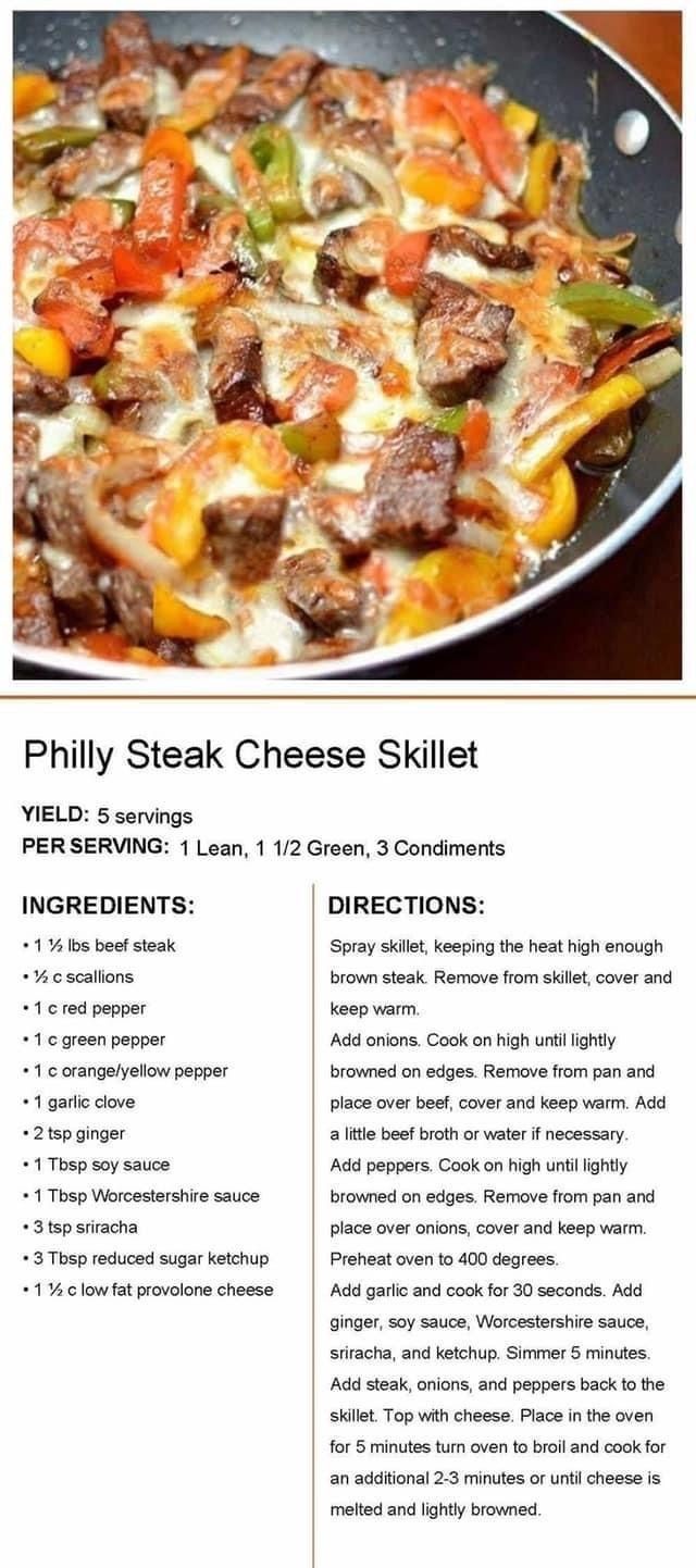 the recipe for phily steak cheese skillet is shown in this brochure