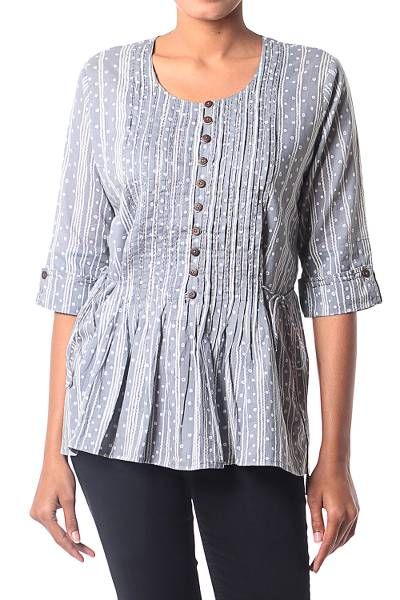 Ritu Agnihotri of India presents this casual grey cotton blouse featuring a stunning motif in white. Artisans use a traditional block printing technique to create a rippled line and bubble motif. This blouse features three-fourth sleeves and coconut shell button accents. Edgy Fashion Style, Fashion Style Women, Coconut Shell, Cotton Blouse, Block Printing, Women Artisans, Artisan Craft, Cotton Blouses, Grey Cotton