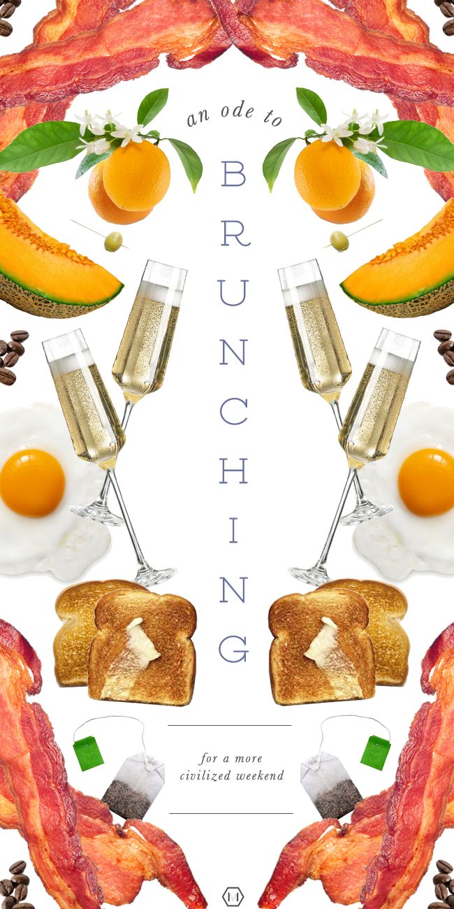 an advertisement for brunch with bacon, eggs, toast and oranges on it