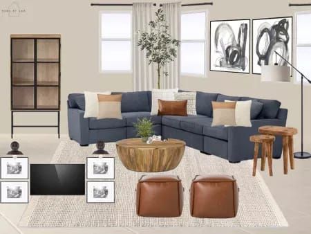 a living room with couches, tables and pictures on the wall in it's center