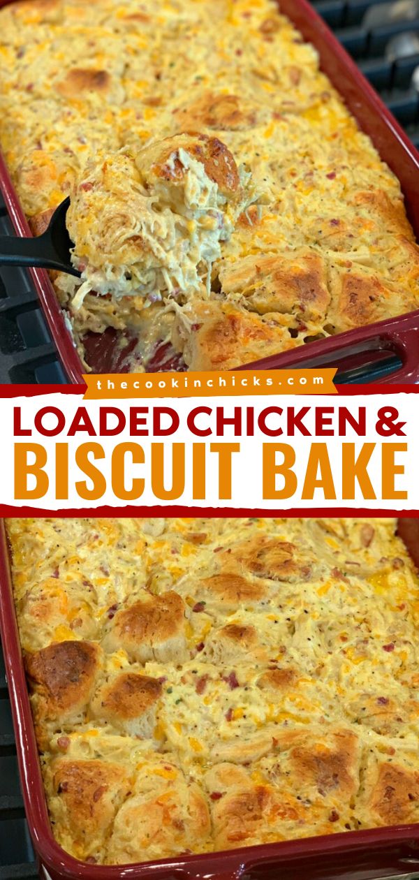 An easy comfort food dinner with only 7 ingredients! It's a yummy casserole recipe featuring chicken and biscuits. Packed with so much flavor, this Loaded Chicken and Bake is family-approved! Prepare Ahead Meals Dinner, Chicken And Biscuit Bake, Chicken Biscuit Casserole, Biscuit Recipes Dinner, Loaded Chicken, The Cookin Chicks, Can Chicken Recipes, Chicken And Biscuits, Favorite Dinner