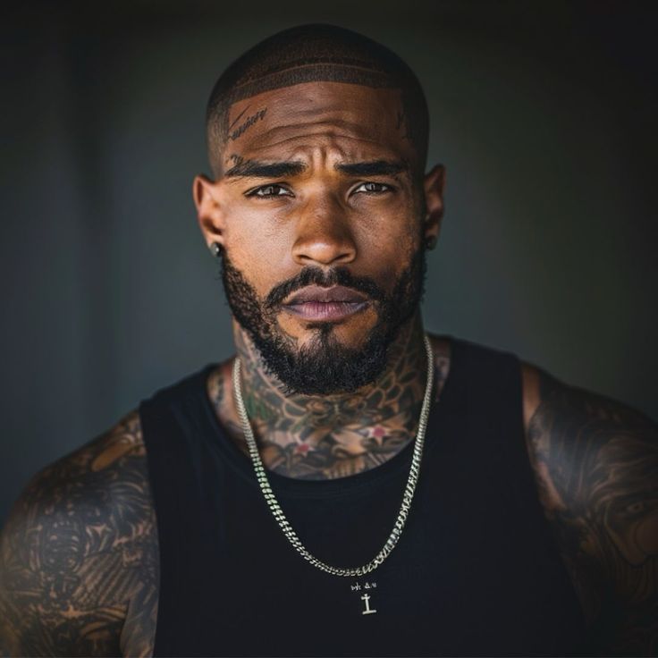 a close up of a man with tattoos on his face and chest wearing a black tank top