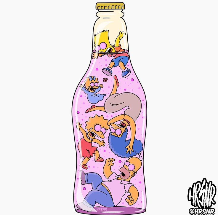 a bottle with cartoon characters on it and an image of people in the bottom half