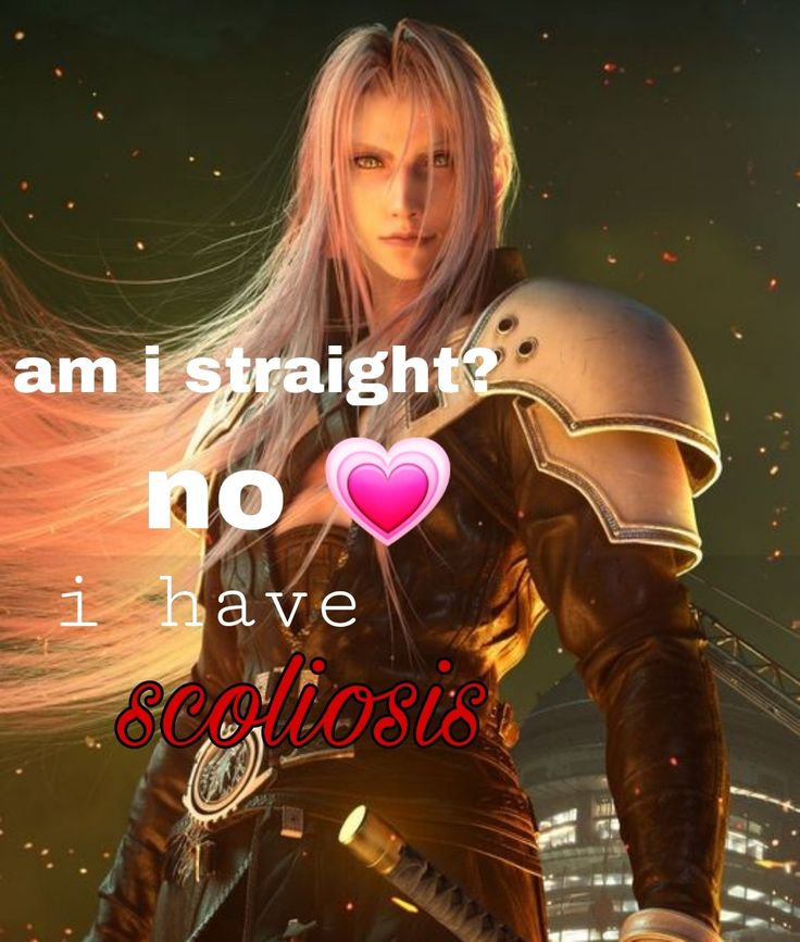 an image of a woman in armor with text that reads, i am straight? no i have scolloisia