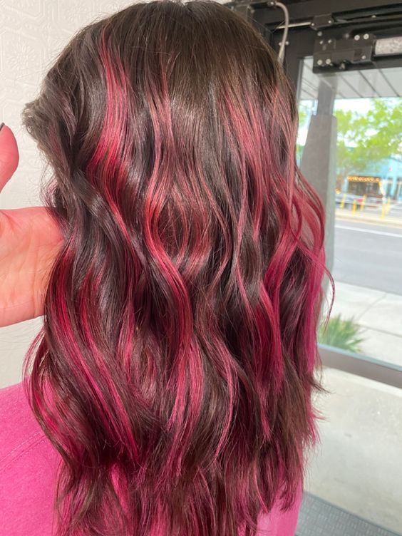 Brunettes With Pink Highlights, Pink Highlights With Brown Hair, Pink Highlights In Auburn Hair, Brown Hair Dye Ideas Coloring, Brown Hair With Dark Pink Highlights, Hot Pink Hair Streaks Brunette, Fun Hair Color Ideas For Brunettes Pink, Pink Hair Highlights On Brown Hair, Pink Barbie Hair