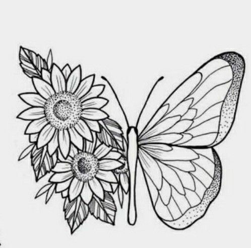 a black and white drawing of a butterfly with sunflowers on it's wings