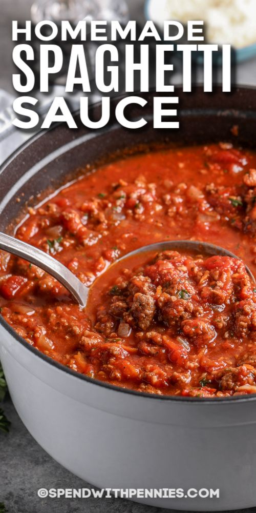 a ladle full of homemade spaghetti sauce in a pot with the title above it