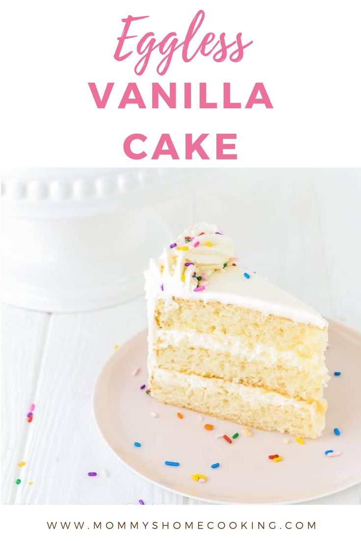 an eggless vanilla cake with white frosting and sprinkles on a plate