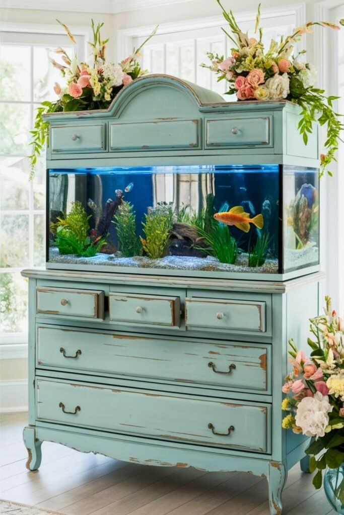 an old dresser is transformed into a fish tank